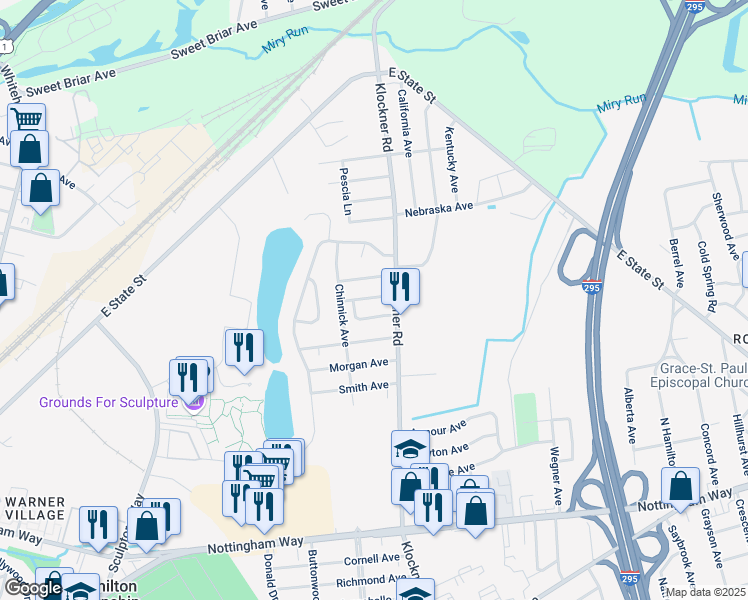 map of restaurants, bars, coffee shops, grocery stores, and more near 541 Klockner Road in Hamilton Township