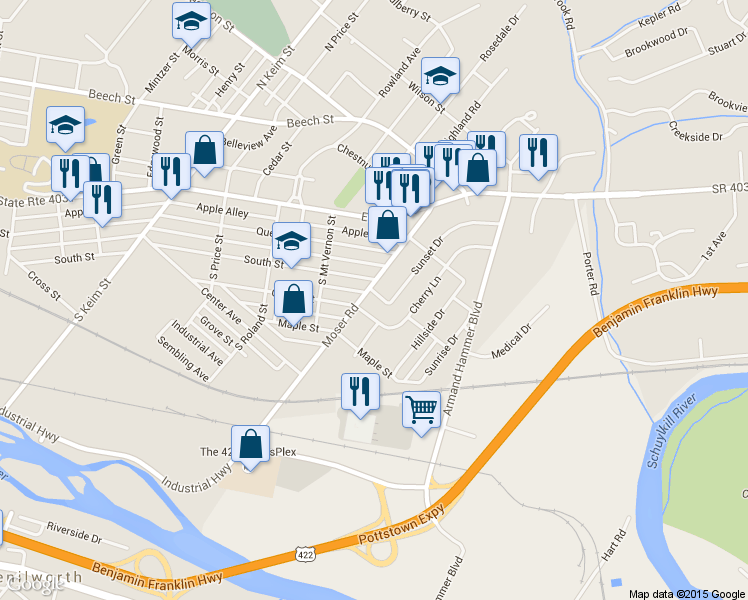 map of restaurants, bars, coffee shops, grocery stores, and more near 1410 Sunset Drive in Pottstown