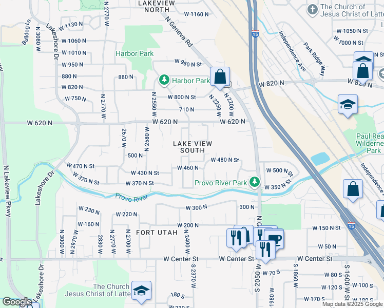 map of restaurants, bars, coffee shops, grocery stores, and more near 2393 West 510 North in Provo