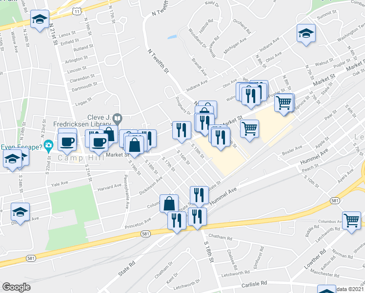 map of restaurants, bars, coffee shops, grocery stores, and more near 1509 Market Street in Camp Hill