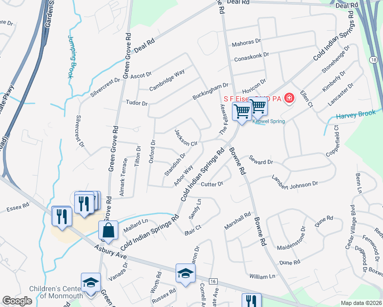 map of restaurants, bars, coffee shops, grocery stores, and more near 13 Standish Drive in Monmouth County