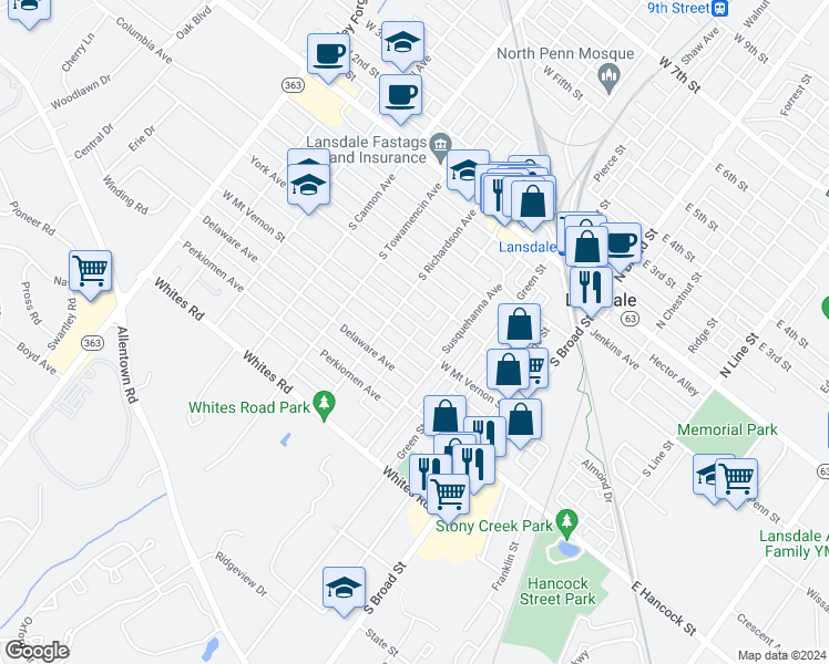 map of restaurants, bars, coffee shops, grocery stores, and more near 341 West Mount Vernon Street in Lansdale