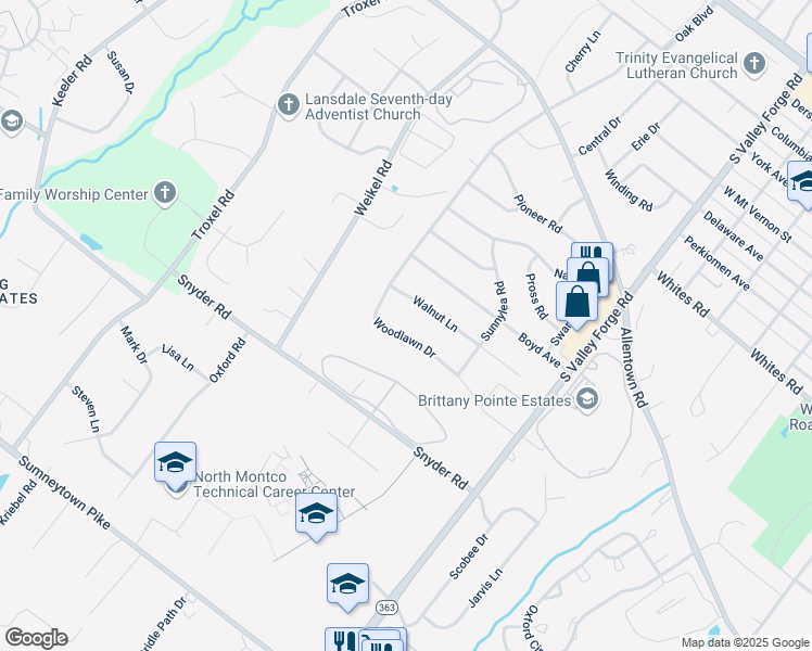 map of restaurants, bars, coffee shops, grocery stores, and more near 923 Woodlawn Drive in Lansdale