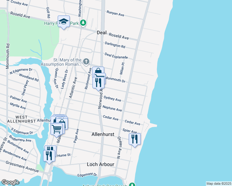 map of restaurants, bars, coffee shops, grocery stores, and more near 48 Hathaway Avenue in Deal