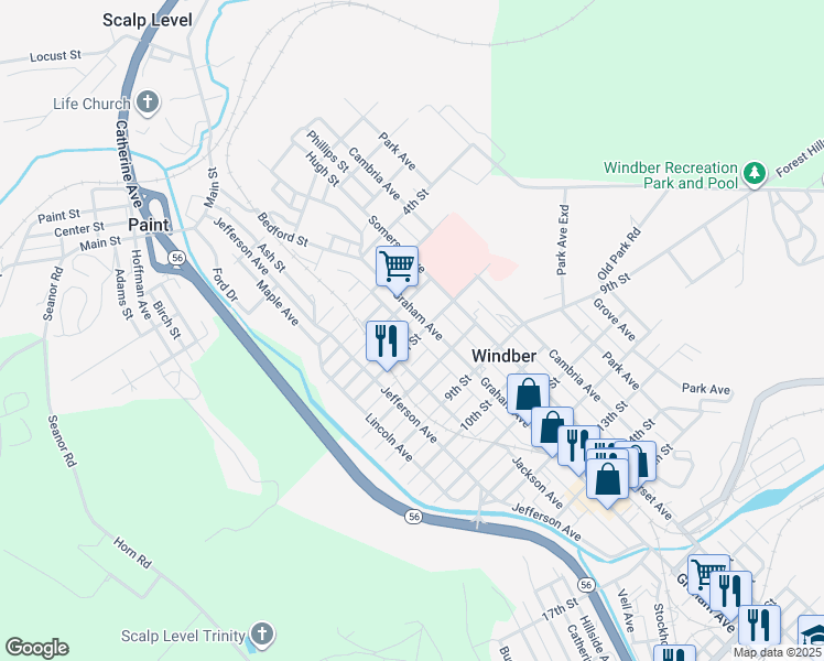 map of restaurants, bars, coffee shops, grocery stores, and more near 612R Graham Avenue in Windber