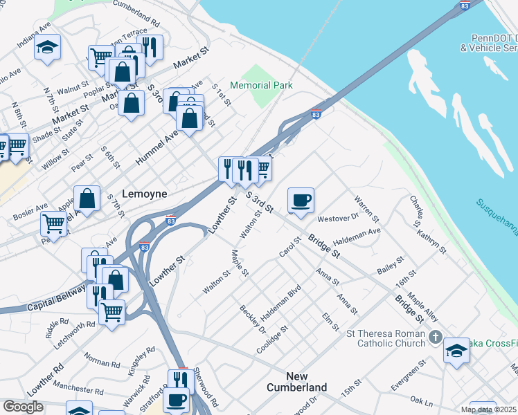 map of restaurants, bars, coffee shops, grocery stores, and more near 453 South 3rd Street in Lemoyne