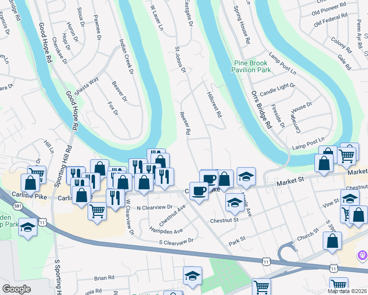map of restaurants, bars, coffee shops, grocery stores, and more near 170 Reeser Rd in Camp Hill