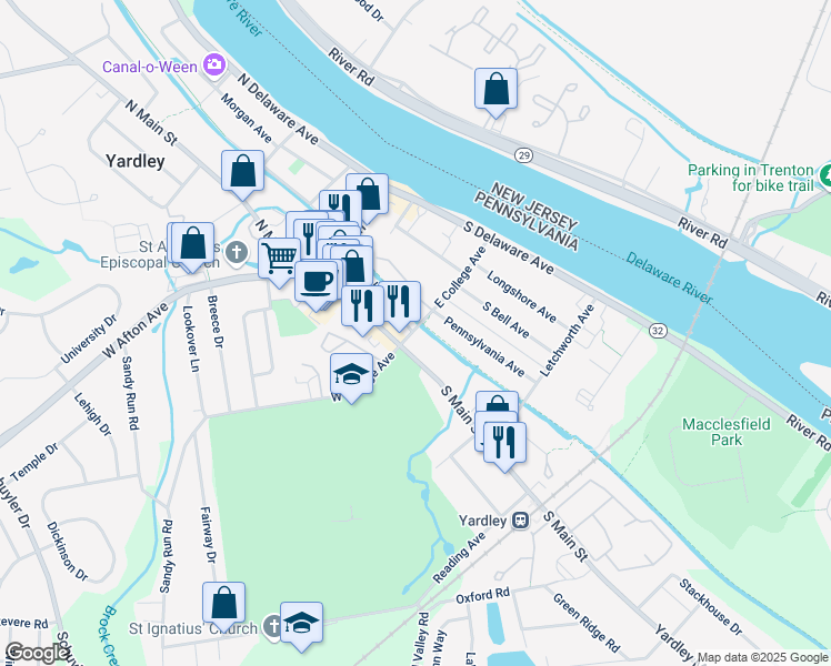 map of restaurants, bars, coffee shops, grocery stores, and more near 9 East College Avenue in Yardley