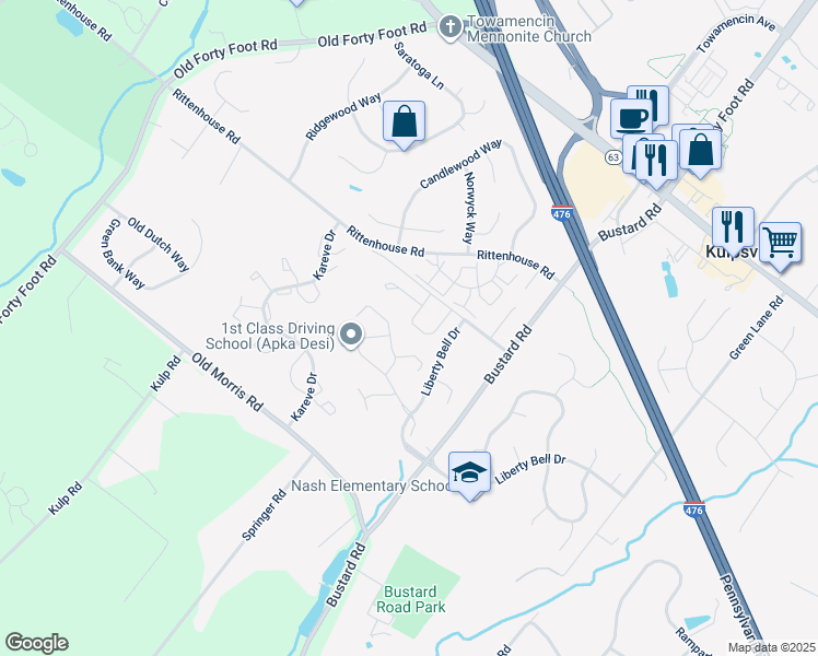 map of restaurants, bars, coffee shops, grocery stores, and more near 605 Freedom Circle in Harleysville