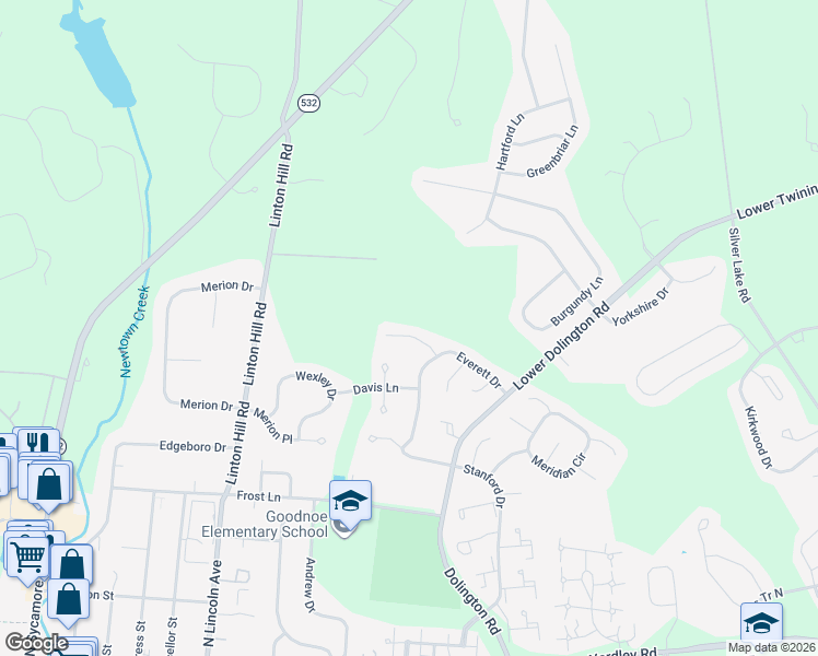 map of restaurants, bars, coffee shops, grocery stores, and more near 73 Stockton Court in Newtown