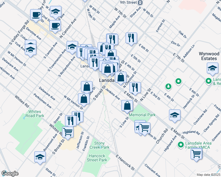 map of restaurants, bars, coffee shops, grocery stores, and more near 21 Jenkins Avenue in Lansdale