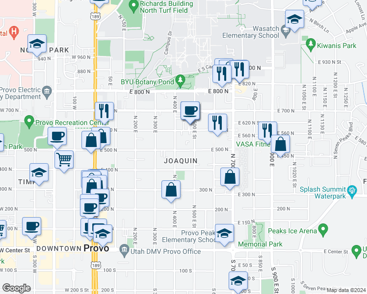 map of restaurants, bars, coffee shops, grocery stores, and more near 441 East 500 North in Provo