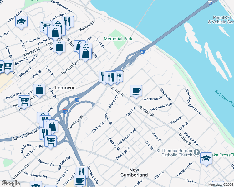map of restaurants, bars, coffee shops, grocery stores, and more near 453 South 3rd Street in Lemoyne