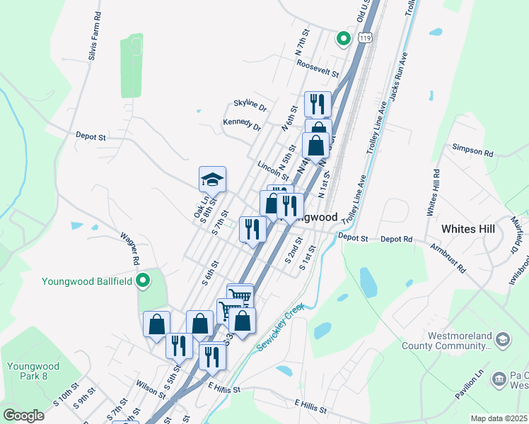map of restaurants, bars, coffee shops, grocery stores, and more near 406 Depot St in Youngwood