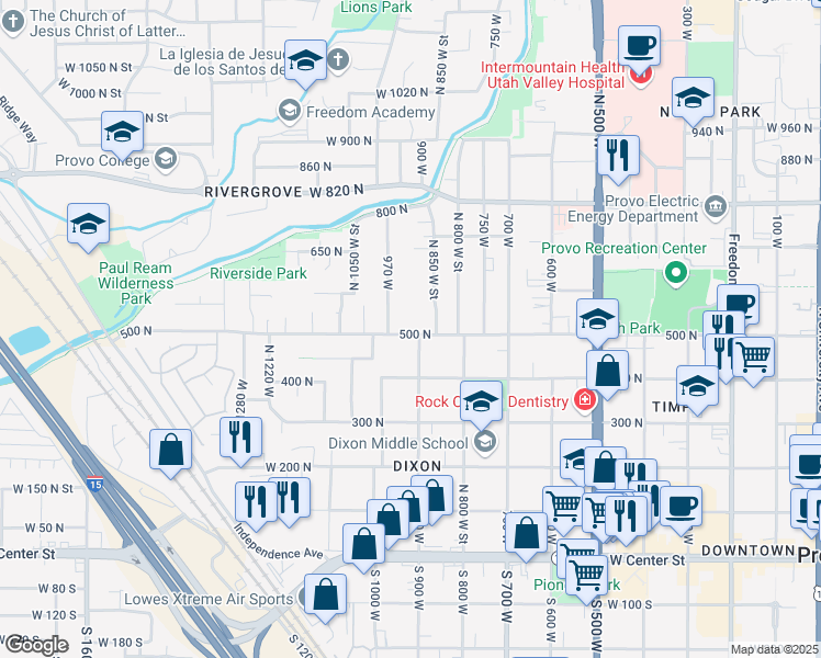 map of restaurants, bars, coffee shops, grocery stores, and more near 920 500 North in Provo