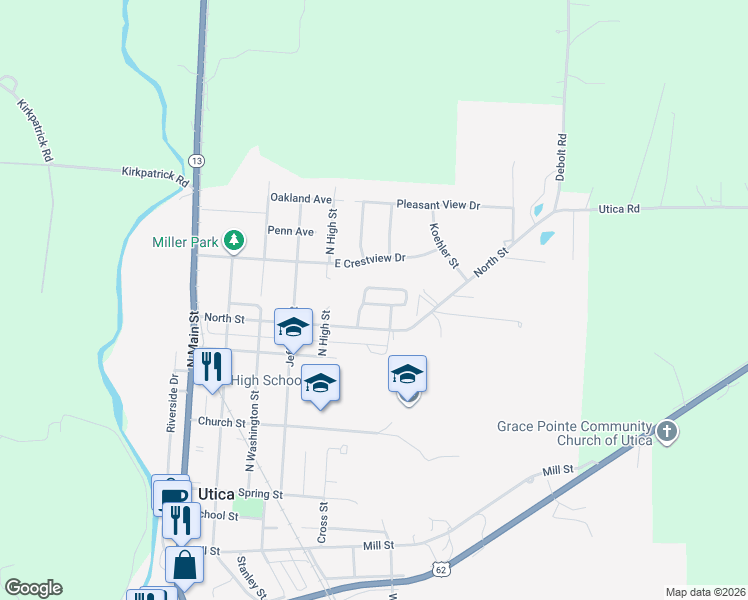 map of restaurants, bars, coffee shops, grocery stores, and more near 28 Greenbriar Drive in Utica