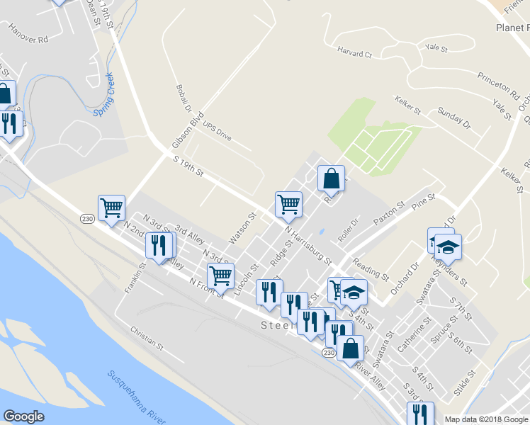 map of restaurants, bars, coffee shops, grocery stores, and more near 4510 North Harrisburg Street in Steelton