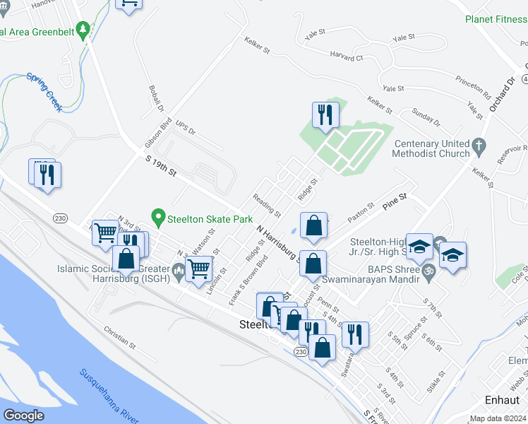 map of restaurants, bars, coffee shops, grocery stores, and more near 335 Lincoln Street in Harrisburg