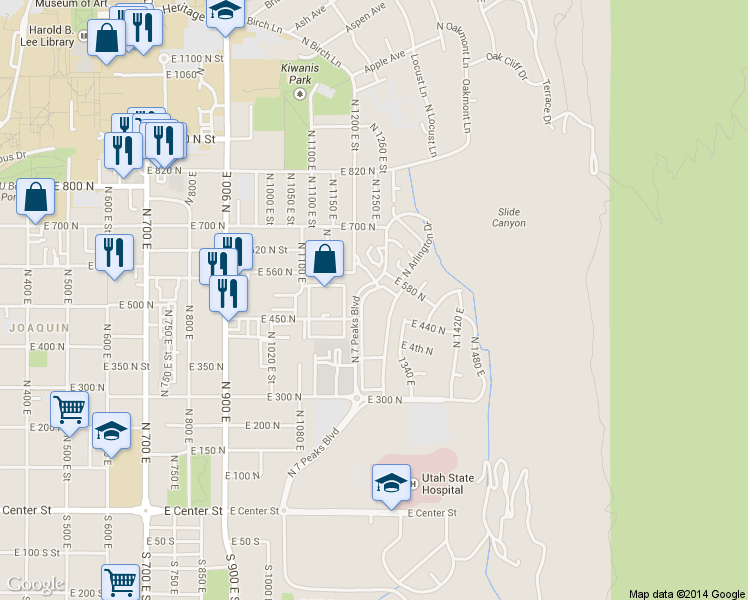 map of restaurants, bars, coffee shops, grocery stores, and more near 504 North 7 Peaks Boulevard in Provo