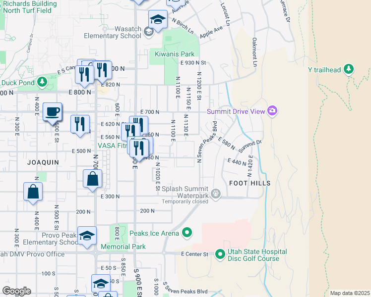 map of restaurants, bars, coffee shops, grocery stores, and more near 1130 East 450 North in Provo