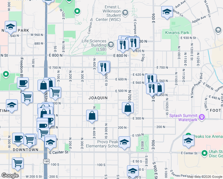 map of restaurants, bars, coffee shops, grocery stores, and more near 505 East 500 North in Provo