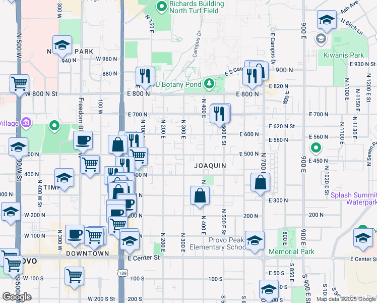 map of restaurants, bars, coffee shops, grocery stores, and more near 355 East 500 North in Provo