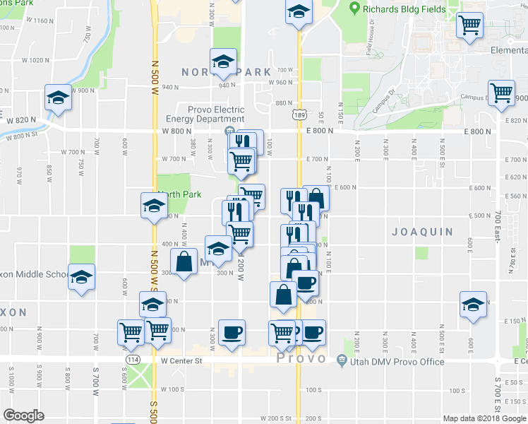map of restaurants, bars, coffee shops, grocery stores, and more near 164 500 North in Provo