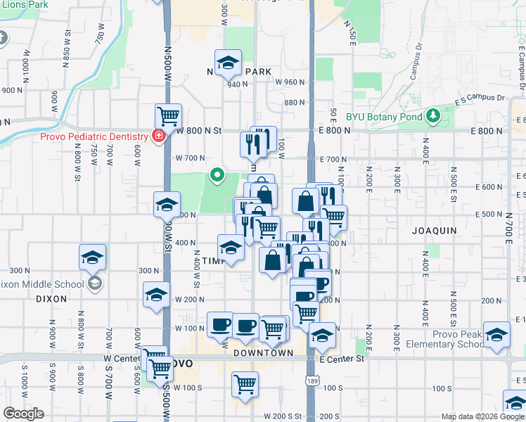 map of restaurants, bars, coffee shops, grocery stores, and more near 164 500 North in Provo