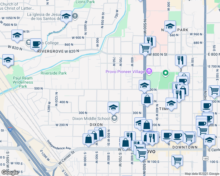 map of restaurants, bars, coffee shops, grocery stores, and more near 512 750 West in Provo