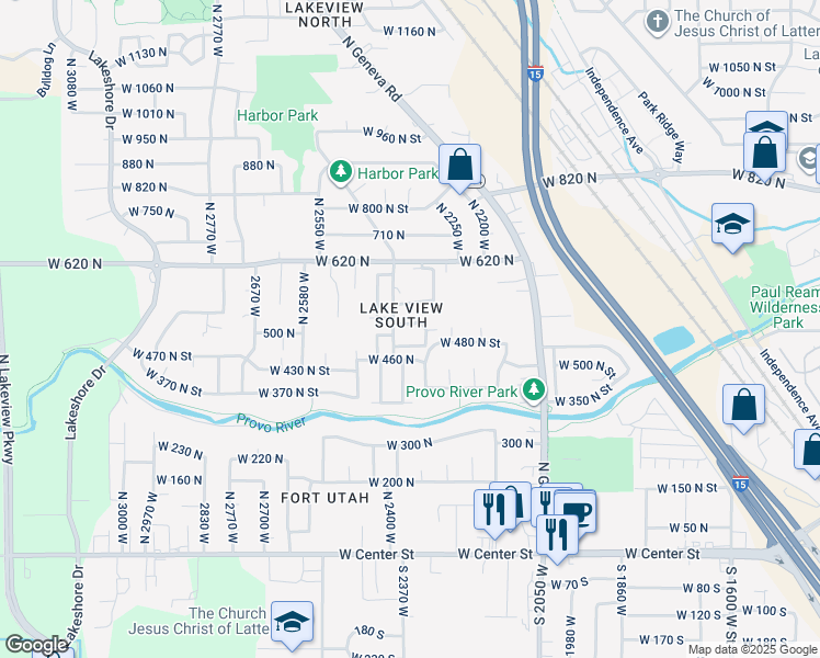 map of restaurants, bars, coffee shops, grocery stores, and more near 2393 West 510 North in Provo