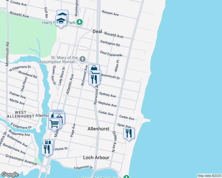map of restaurants, bars, coffee shops, grocery stores, and more near 48 Hathaway Avenue in Deal
