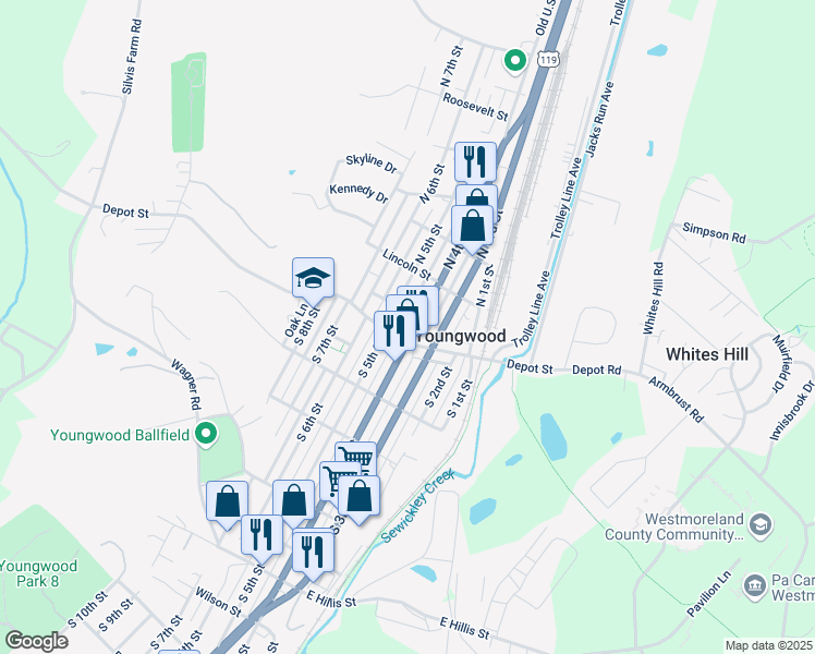 map of restaurants, bars, coffee shops, grocery stores, and more near 406 Depot Street in Youngwood
