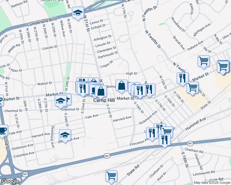 map of restaurants, bars, coffee shops, grocery stores, and more near 15 North 20th Street in Camp Hill