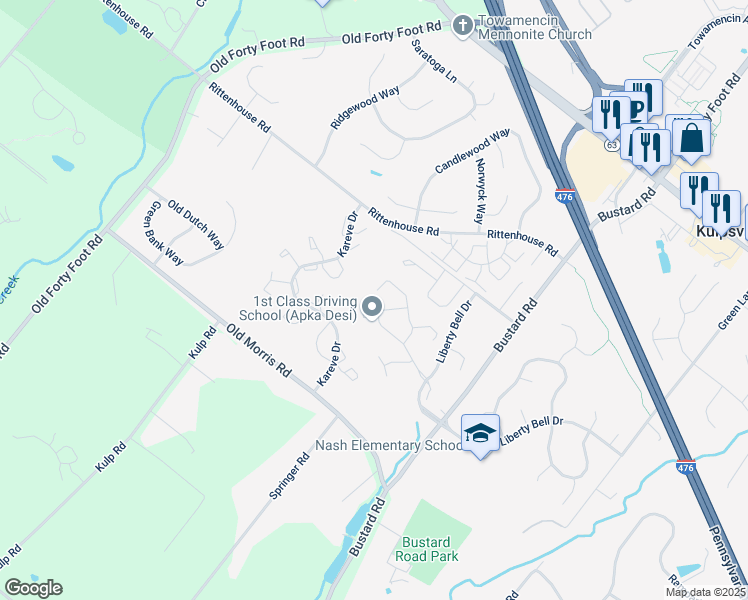 map of restaurants, bars, coffee shops, grocery stores, and more near 406 Monroe Drive in Harleysville