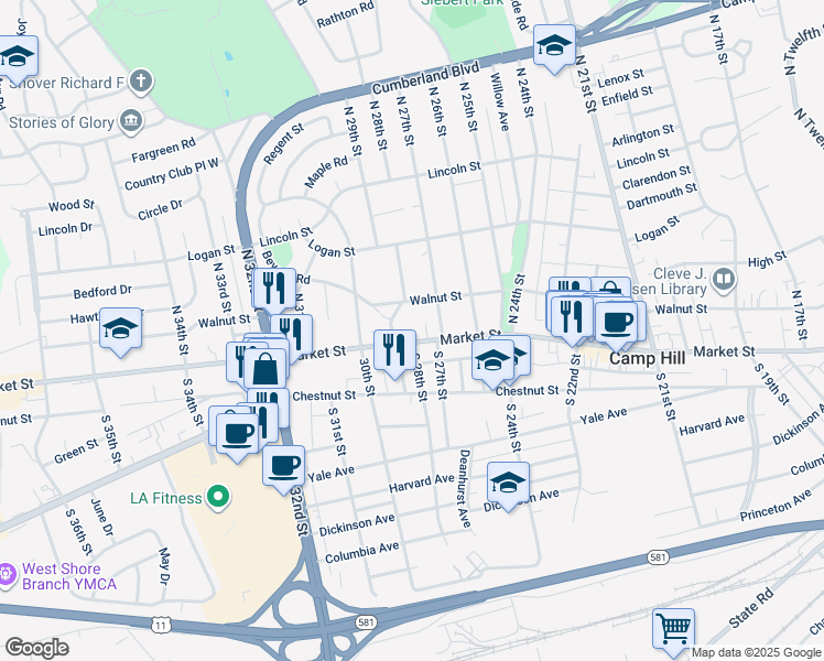 map of restaurants, bars, coffee shops, grocery stores, and more near 2724 Market Street in Camp Hill