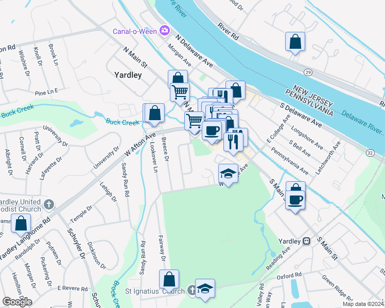 map of restaurants, bars, coffee shops, grocery stores, and more near 27 Cadwallader Court in Yardley