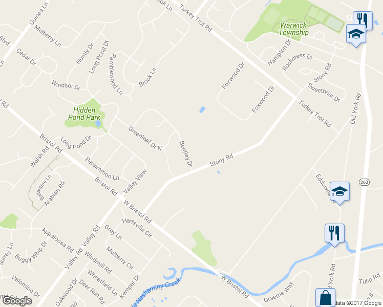 map of restaurants, bars, coffee shops, grocery stores, and more near 1407 Bentley Drive in Warrington