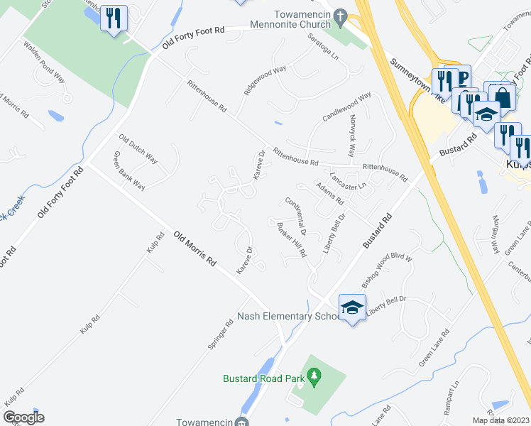 map of restaurants, bars, coffee shops, grocery stores, and more near 506 Monroe Drive in Harleysville