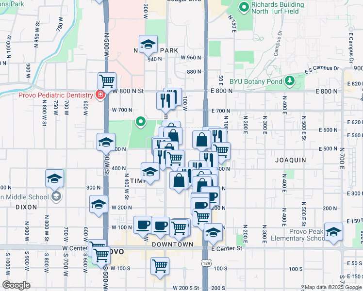 map of restaurants, bars, coffee shops, grocery stores, and more near 511 100 West in Provo