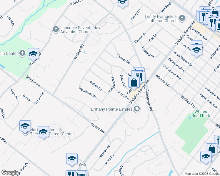 map of restaurants, bars, coffee shops, grocery stores, and more near 1100 Boyd Avenue in Lansdale