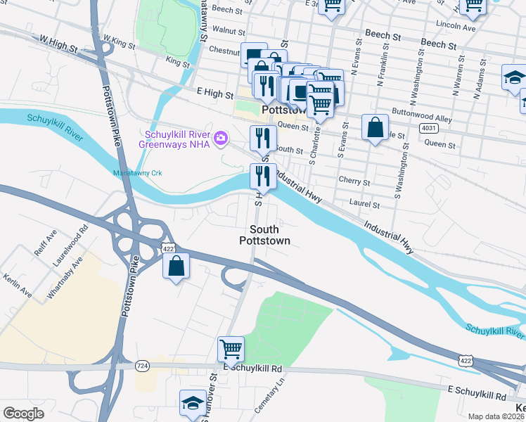 map of restaurants, bars, coffee shops, grocery stores, and more near 226 South Hanover Street in Pottstown