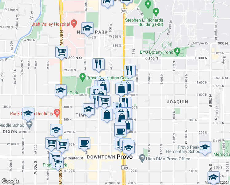map of restaurants, bars, coffee shops, grocery stores, and more near 68 500 North in Provo