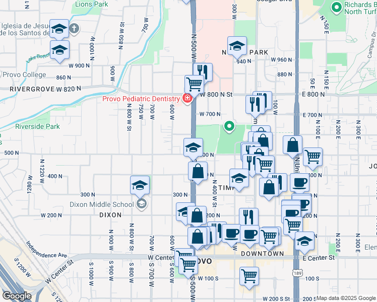 map of restaurants, bars, coffee shops, grocery stores, and more near 500 500 North in Provo