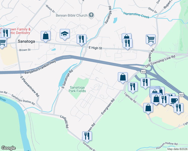 map of restaurants, bars, coffee shops, grocery stores, and more near 219 South Park Road in Pottstown