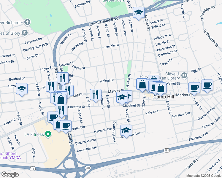 map of restaurants, bars, coffee shops, grocery stores, and more near 2616 Market Street in Camp Hill