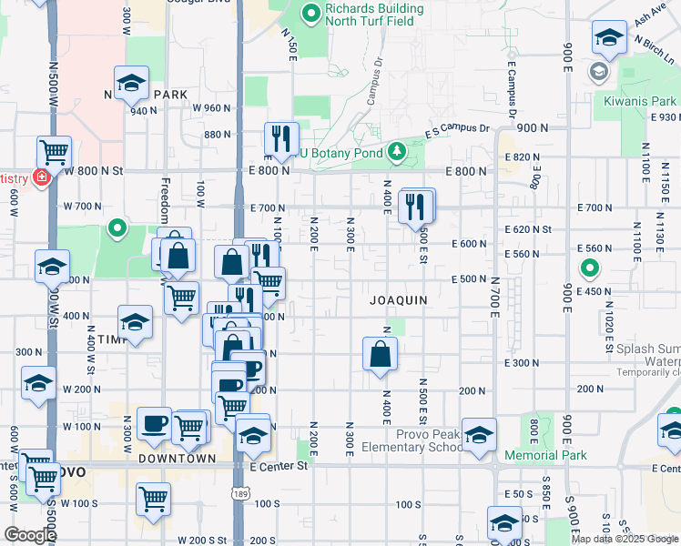 map of restaurants, bars, coffee shops, grocery stores, and more near 267 East 500 North in Provo