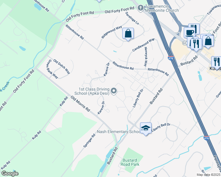 map of restaurants, bars, coffee shops, grocery stores, and more near 505 Monroe Drive in Harleysville