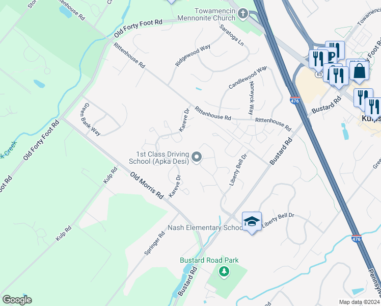 map of restaurants, bars, coffee shops, grocery stores, and more near 505 Monroe Drive in Harleysville