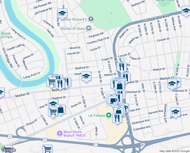 map of restaurants, bars, coffee shops, grocery stores, and more near 3410 Walnut Street in Camp Hill