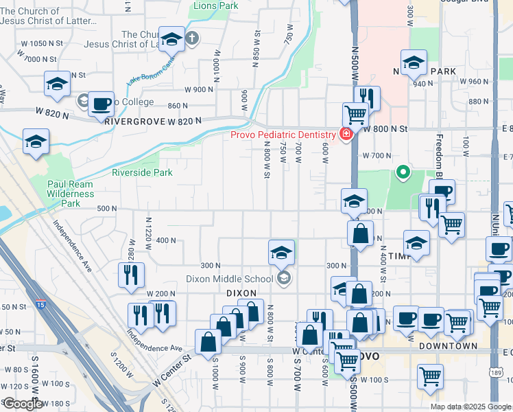map of restaurants, bars, coffee shops, grocery stores, and more near 848 500 North in Provo
